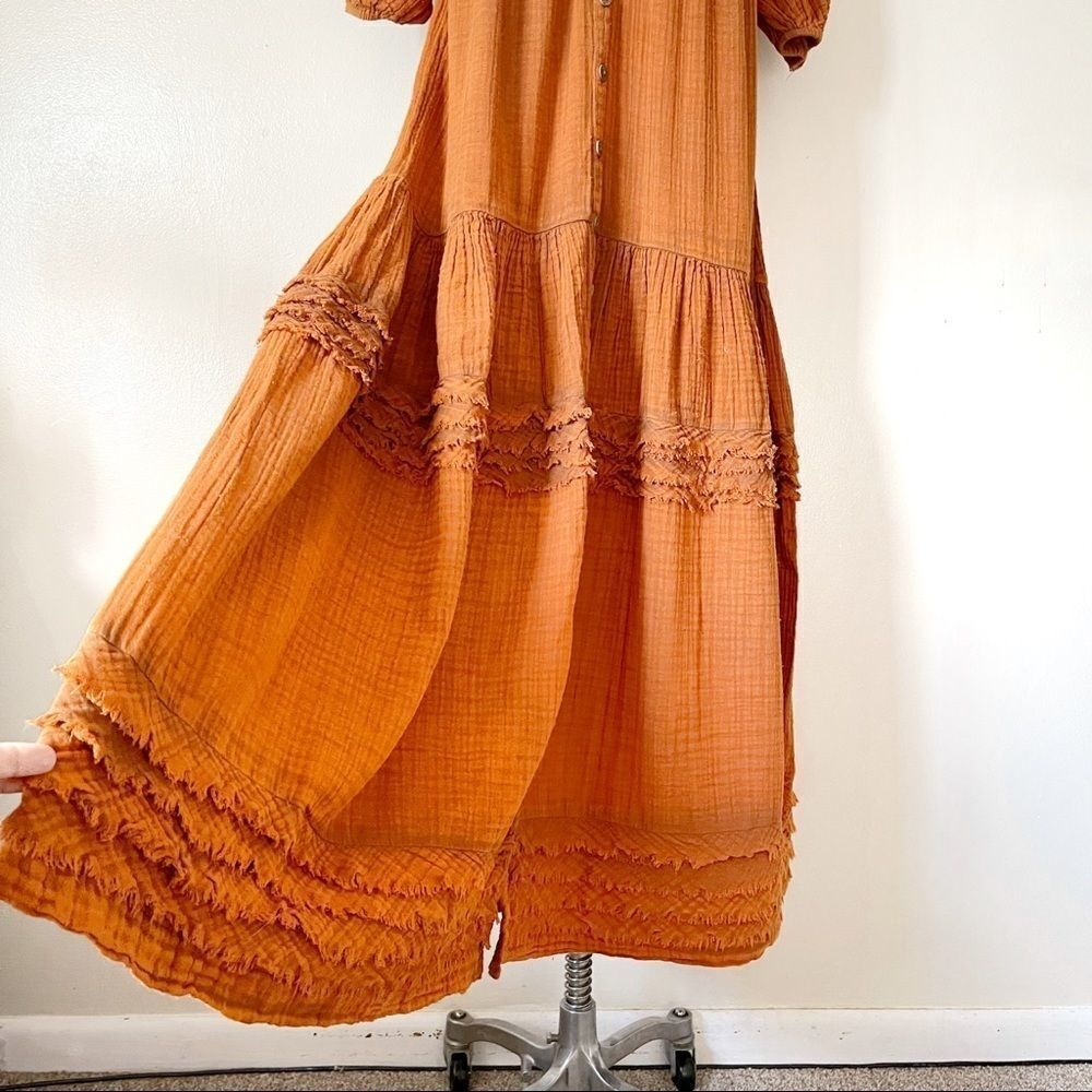 Free People Sunday Stroll Maxi Dress smocked oversized Small Burnt Clay Combo - Picture 9 of 14